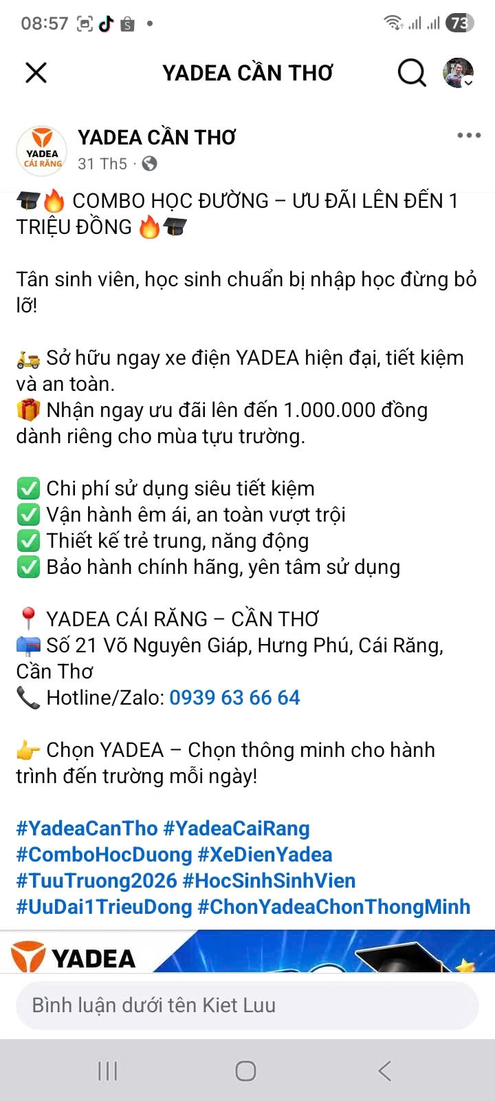 Bài đăng cũ Yadea Cần Thơ về xe học sinh — nhiều tháng liền không ra đơn