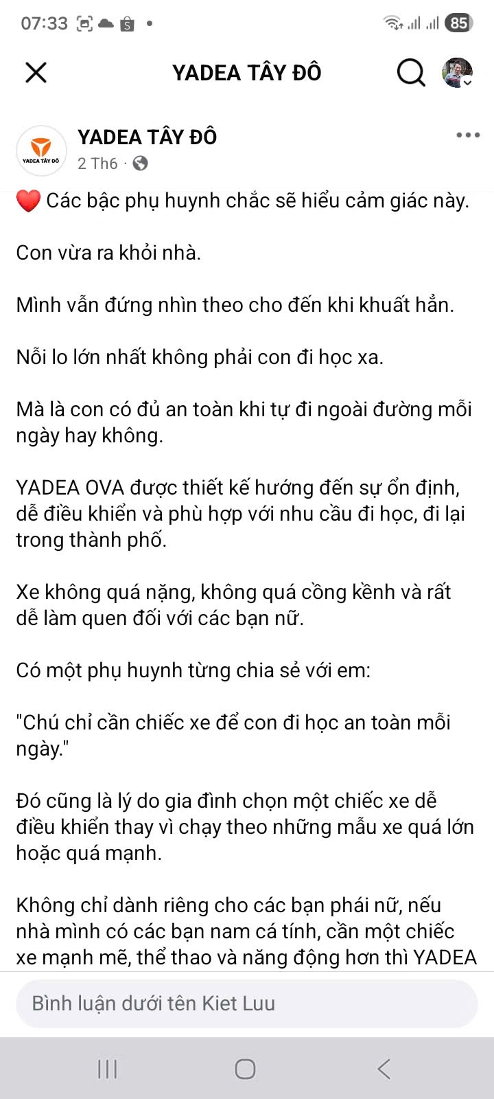 Bài đăng bán hàng Yadea Cần Thơ theo khung 7BB